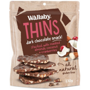 Wallaby Thins Dark Chocolate Snack with Roasted Almonds,Coconut & Cranberries